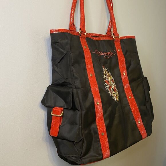 Ed Hardy Nylon Red and Black Mermaid Shoulder Tote Bag - Picture 2 of 12